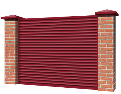 Секция забора жалюзи из ламелей Жалюзи ЭКО-Z RAL3003 Рубин с кирпичными столбами